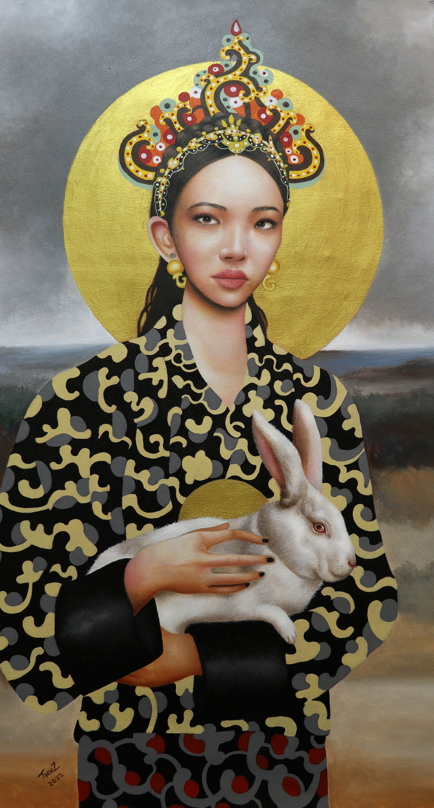 'LADY WITH A RABBIT' - Contemporary Bhutanese Painting - InspiredByBhutan